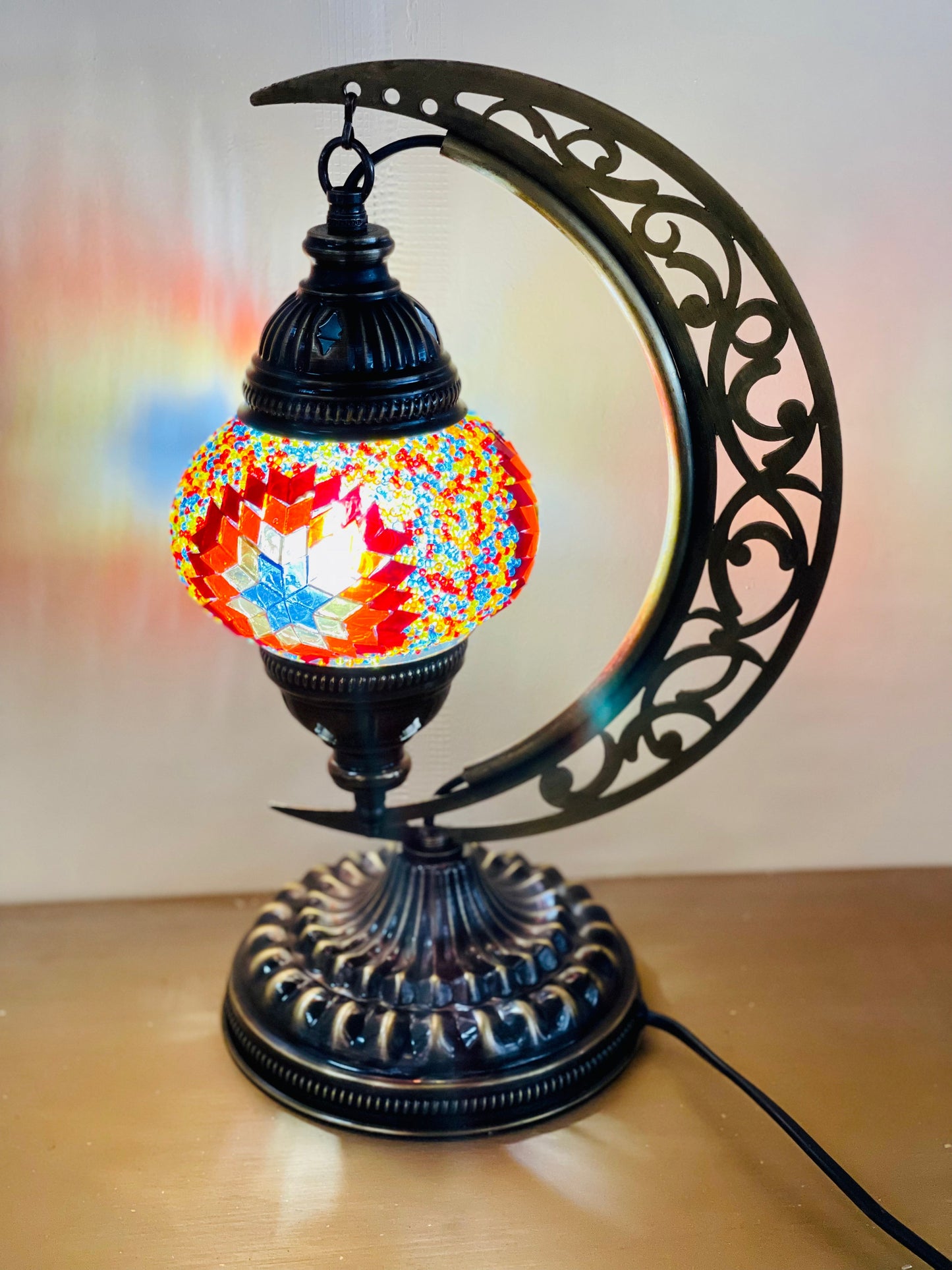 8 Colors | Handmade Turkish mosaic crescent shaped table lamp.